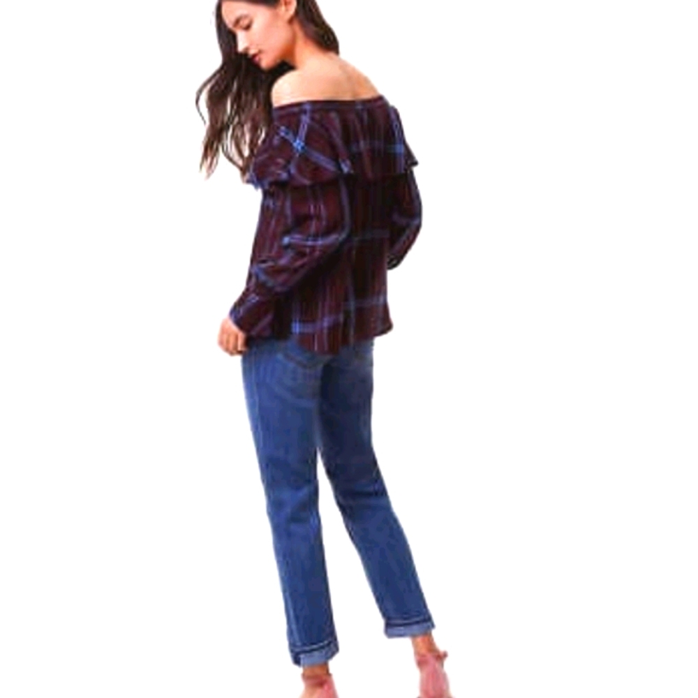LOFT Plaid Ruffle Off The Shoulder Plum Blouse